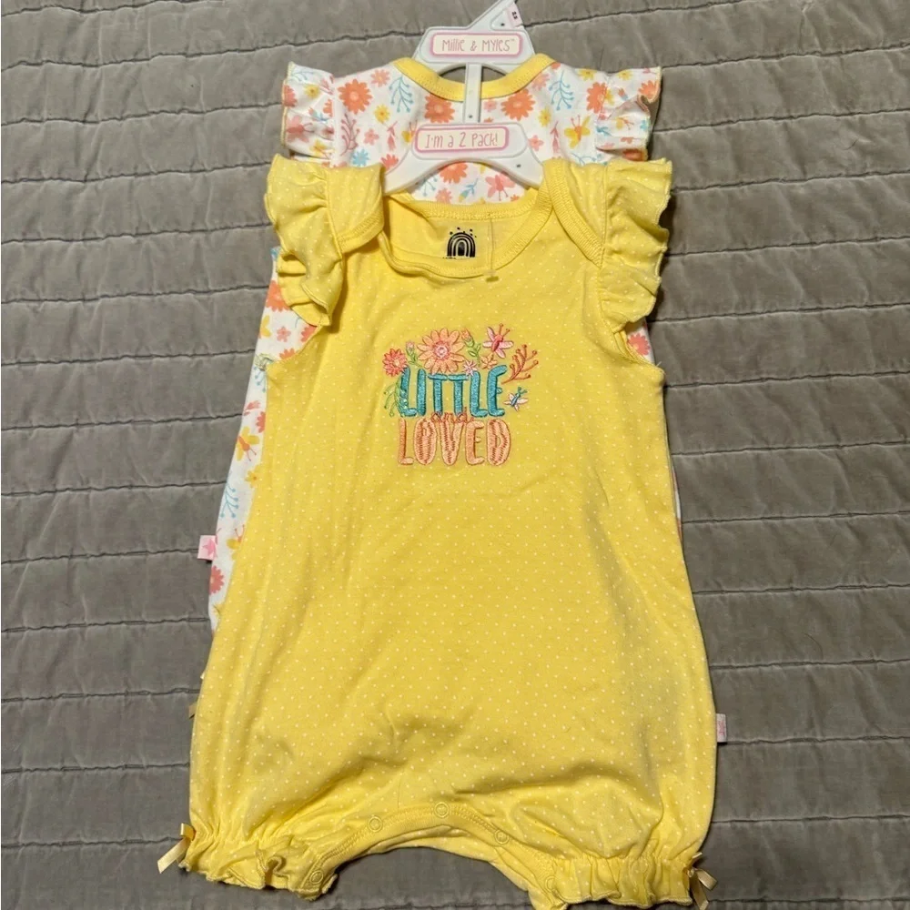 Millie & Miles 2 Pack Baby Romper Yellow and Floral Design 24 Month 100% Cotton